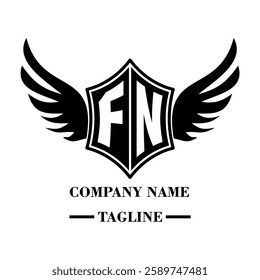 FN A bold winged shield emblem with customizable initials A-Z. Sleek black-and-white vector, perfect for branding, sports teams, motorcycle clubs, gaming,apparel and High-quality
