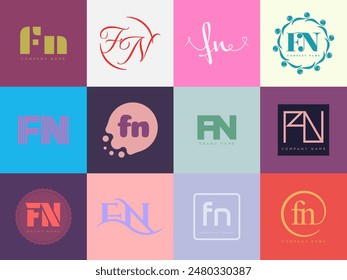 FN logo company template. Letter f and n logotype. Set different classic serif lettering and modern bold text with design elements. Initial font typography. Collection trendy business identity.
