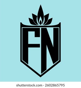 FN Logo featuring a minimalist design with a crown-like flower symbol on top, bold black elements, and a soft blue background, perfect for branding and modern visual identity.