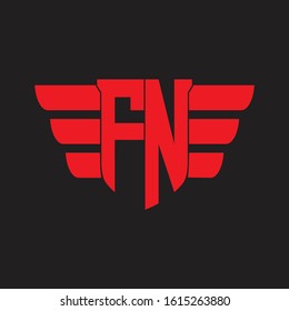 FN Logo monogram with emblem and wings element design template on red colors