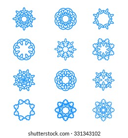 Fnowflakes icons set. Vector illustration. Winter ornate snow flakes collection. Frozen crystals. Background for winter, New Year and Christmas theme.