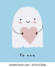 Fo eva    For Ever Funny Nursery Vector Illustration and Cute Little Ghost Holding Pink Heart  White Ghost Pastel Blue Background Oil Painting Style Vector Art ideal for Halloween   Valentines 