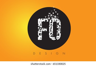 FO F O Logo Design Made of Small Letters with Black Circle and Yellow Background.