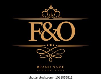 F&O Initial logo, Ampersand initial logo gold with crown and classic pattern