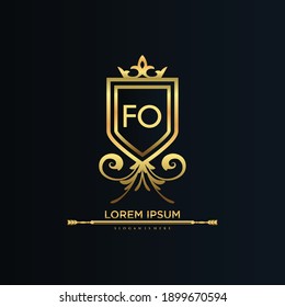 FO Letter Initial mit Royal Template.elegant mit Kronlogo, Creative Lettering Logo Vektor Illustration.