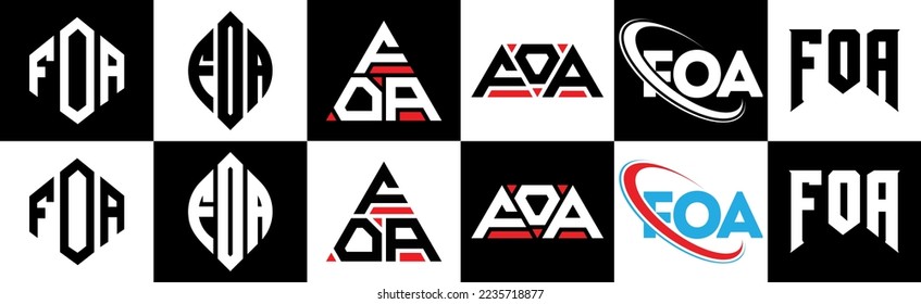 Diseño del logo de la carta FOA en seis estilos. Polígono FOA, círculo, triángulo, hexágono, de estilo plano y sencillo con el logotipo de la letra de variación en color blanco y negro en un tablero. Logo minimalista y clásico de FOA