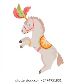 Potro. El caballo se para sobre sus patas traseras. Circo. Actor de circo. Animal esponjoso. Truco. Decoración para un día de fiesta o feria. Ilustración vectorial aislada sobre fondo blanco.