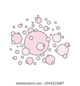 Espuma, burbujas de jabón aireadas en tonos rosa pastel con un contorno negro. Una ilustración gráfica dibujada, Vector. Elemento decorativo para la decoración, diseño, etiqueta de los niños, diseño plano