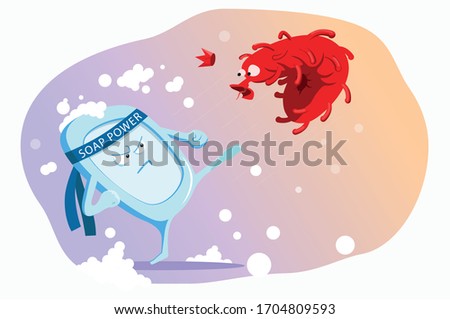 Foam anti-bacterial soap bar defeats the virus bacteria. Soap kicks the virus. A  battle with the infection. Karate soap character punches microbe. Victory over covid-19. Vector Coronavirus Concept.
