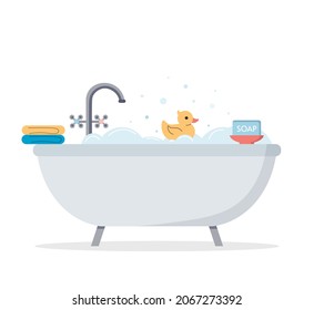 Foam bath on an isolated background. Bathtub with foam bubbles and rubber duck. Bath time. Bath towel and bath soap in flat style. Cute vector illustration.