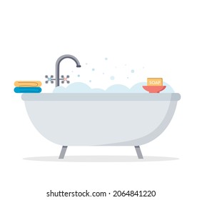 Foam bath with towel and soap. Vector illustration on white isolated background. Flat style.