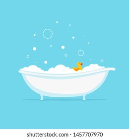 Foam bath with yellow duck and bubbles. Vector