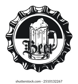 Foam beer vintage emblem monochrome with delicious refreshing drink in mug painted on metal lid vector illustration