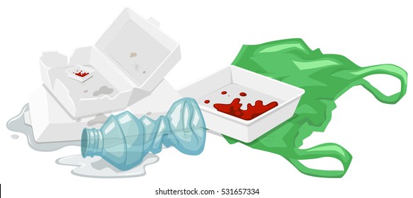 Foam boxes and plastic bottle on the floor illustration