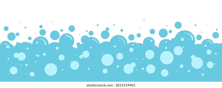 Foam bubble background, bath water soap. Blue laundry pattern, shampoo and wash or clean. Abstract fizz soda, cute effervescent border. Gas suds frame. Transparent horizontal bg. Vector illustration