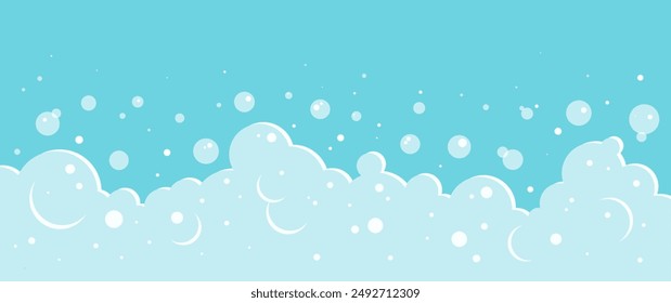 Foam bubble background, cartoon bath soap border, blue shower water pattern, laundry transparent suds. Wash frame. Liquid bg. Abstract vector illustration