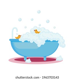 Foam and bubble bath with ducks on a white isolated background. Vector illustration, drawing in a flat style, cartoon.