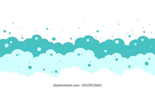 Foam bubble frame, cartoon soap, bath shampoo, shower suds, wash background, blue cloud pattern. Water vector illustration