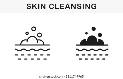 Foam Bubble on Skin for Deep Cleansing Line and Silhouette Icon Set. Skin Cosmetic Procedure Symbol Collection. Cream, Gel, Shampoo, Mousse on Face, Body Skin Pictogram. Isolated Vector Illustration.