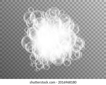 Foam bubble on transparent backdrop. Realistic shampoo suds. Liquid bath lather. Soap bubbles for advertisement, banner or brochure. Vector illustration.