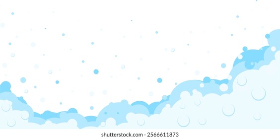 Foam bubbles frame. Cartoon bubbles of shampoo, bubble bath, soap border background. Blue flat bubbles.Cleaning and washing products . Vector illustration