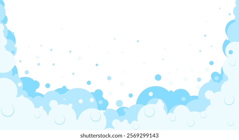 Foam bubbles frame. Cartoon bubbles shampoo, bubble bath Soap border. Blue flat bubbles. Cleaning and washing products . Bathroom laundry and hygiene concept . Vector background