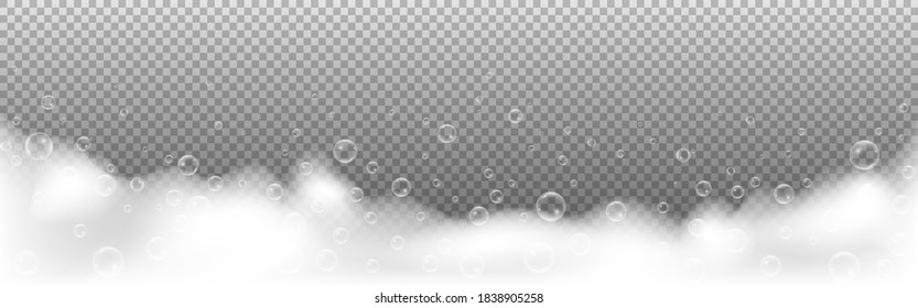 Foam bubbles isolated on transparent backdrop. Bath soap effect or shampoo. White 3d bubbles with suds texture. Realistic shower concept for advertising. Vector illustration.