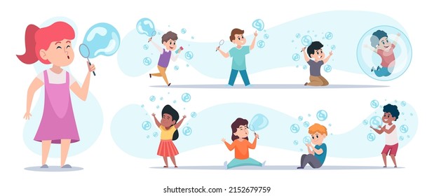 Foam bubbles for kids. Children blowing foam bubbles funny happy people playing in action poses exact vector cartoon characters