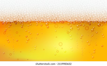 Espuma y burbujas de trigo ligero y cerveza de color ámbar, variedad de bebidas alcohólicas y refrescantes bebidas artesanales. Antecedentes vectores para banner publicitario o menú para pub, bar o restaurantes