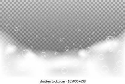 Foam bubbles on transparent background. Realistic soap effect or shampoo. Shower concept for advertising. White bubbles with suds texture. Vector illustration.