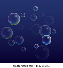 Foam bubbles with Rainbow Reflection. Set of Realistic Soap or Foam Bubbles for Your Design. Shampoo or Foam Cosmetic Flyer and Invite. Bubble with Hologram Reflection. Isolated Vector Illustration.