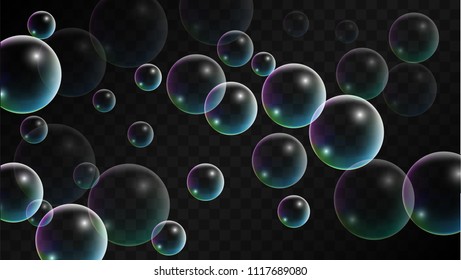 Foam bubbles with Rainbow Reflection. Set of Realistic Soap or Foam Bubbles for Your Design. Shampoo or Foam Cosmetic Flyer and Invite. Bubble with Hologram Reflection. Isolated Vector Illustration.