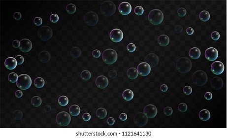 Foam bubbles with Rainbow Reflection. Set of Realistic Soap or Foam Bubbles for Your Design. Shampoo or Foam Cosmetic Flyer and Invite. Bubble with Hologram Reflection. Isolated Vector Illustration.