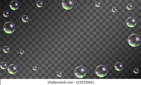 Foam bubbles with Rainbow Reflection. Set of Realistic Soap or Foam Bubbles for Your Design. Shampoo or Foam Cosmetic Flyer and Invite. Bubble with Hologram Reflection. Isolated Vector Illustration.