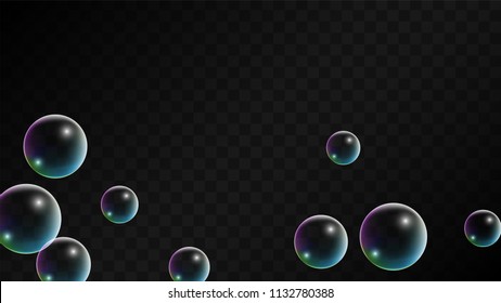Foam bubbles with Rainbow Reflection. Set of Realistic Soap or Foam Bubbles for Your Design. Shampoo or Foam Cosmetic Flyer and Invite. Bubble with Hologram Reflection. Isolated Vector Illustration.