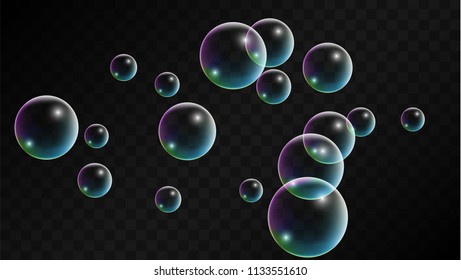 Foam bubbles with Rainbow Reflection. Set of Realistic Soap or Foam Bubbles for Your Design. Shampoo or Foam Cosmetic Flyer and Invite. Bubble with Hologram Reflection. Isolated Vector Illustration.