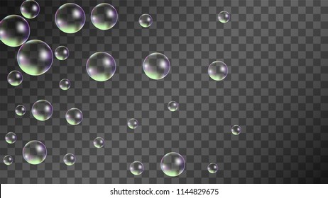 Foam bubbles with Rainbow Reflection. Set of Realistic Soap or Foam Bubbles for Your Design. Shampoo or Foam Cosmetic Flyer and Invite. Bubble with Hologram Reflection. Isolated Vector Illustration.