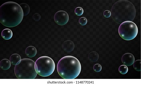 Foam bubbles with Rainbow Reflection. Set of Realistic Soap or Foam Bubbles for Your Design. Shampoo or Foam Cosmetic Flyer and Invite. Bubble with Hologram Reflection. Isolated Vector Illustration.