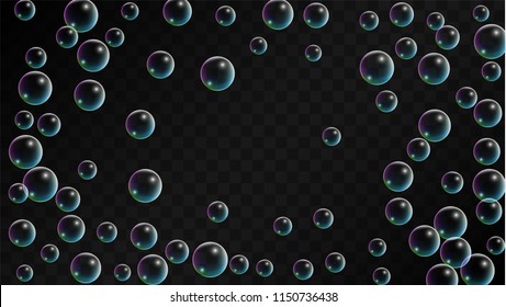 Foam bubbles with Rainbow Reflection. Set of Realistic Soap or Foam Bubbles for Your Design. Shampoo or Foam Cosmetic Flyer and Invite. Bubble with Hologram Reflection. Isolated Vector Illustration.