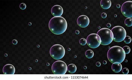 Foam bubbles with Rainbow Reflection. Set of Realistic Soap or Foam Bubbles for Your Design. Shampoo or Foam Cosmetic Flyer and Invite. Bubble with Hologram Reflection. Isolated Vector Illustration.