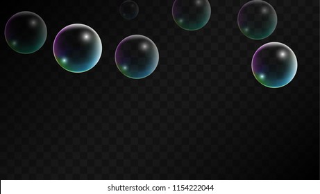Foam bubbles with Rainbow Reflection. Set of Realistic Soap or Foam Bubbles for Your Design. Shampoo or Foam Cosmetic Flyer and Invite. Bubble with Hologram Reflection. Isolated Vector Illustration.