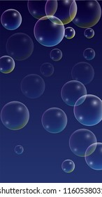 Foam bubbles with Rainbow Reflection. Set of Realistic Soap or Foam Bubbles for Your Design. Shampoo or Foam Cosmetic Flyer and Invite. Bubble with Hologram Reflection. Isolated Vector Illustration.