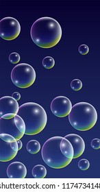 Foam bubbles with Rainbow Reflection. Set of Realistic Soap or Foam Bubbles for Your Design. Shampoo or Foam Cosmetic Flyer and Invite. Bubble with Hologram Reflection. Isolated Vector Illustration.