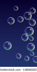 Foam bubbles with Rainbow Reflection. Set of Realistic Soap or Foam Bubbles for Your Design. Shampoo or Foam Cosmetic Flyer and Invite. Bubble with Hologram Reflection. Isolated Vector Illustration.