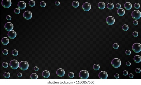 Foam bubbles with Rainbow Reflection. Set of Realistic Soap or Foam Bubbles for Your Design. Shampoo or Foam Cosmetic Flyer and Invite. Bubble with Hologram Reflection. Isolated Vector Illustration.