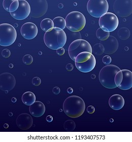 Foam bubbles with Rainbow Reflection. Set of Realistic Soap or Foam Bubbles for Your Design. Shampoo or Foam Cosmetic Flyer and Invite. Bubble with Hologram Reflection. Isolated Vector Illustration.