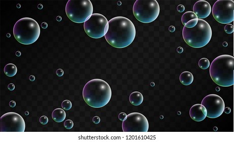 Foam bubbles with Rainbow Reflection. Set of Realistic Soap or Foam Bubbles for Your Design. Shampoo or Foam Cosmetic Flyer and Invite. Bubble with Hologram Reflection. Isolated Vector Illustration.