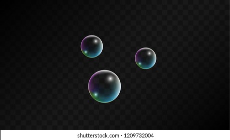 Foam bubbles with Rainbow Reflection. Set of Realistic Soap or Foam Bubbles for Your Design. Shampoo or Foam Cosmetic Flyer and Invite. Bubble with Hologram Reflection. Isolated Vector Illustration.