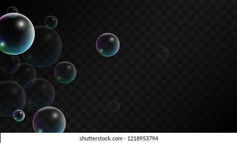 Foam bubbles with Rainbow Reflection. Set of Realistic Soap or Foam Bubbles for Your Design. Shampoo or Foam Cosmetic Flyer and Invite. Bubble with Hologram Reflection. Isolated Vector Illustration.