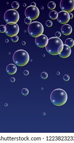 Foam bubbles with Rainbow Reflection. Set of Realistic Soap or Foam Bubbles for Your Design. Shampoo or Foam Cosmetic Flyer and Invite. Bubble with Hologram Reflection. Isolated Vector Illustration.